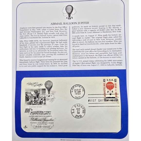 100th Anniversary Of The First Official Airmail 1959 AIRMAIL Balloon Jupiter FDC - Picture 1 of 3